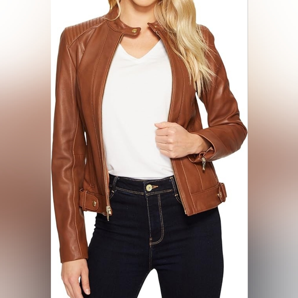 Cole Haan Genuine Leather Brown Moto Racer Jacket NWT Size XL